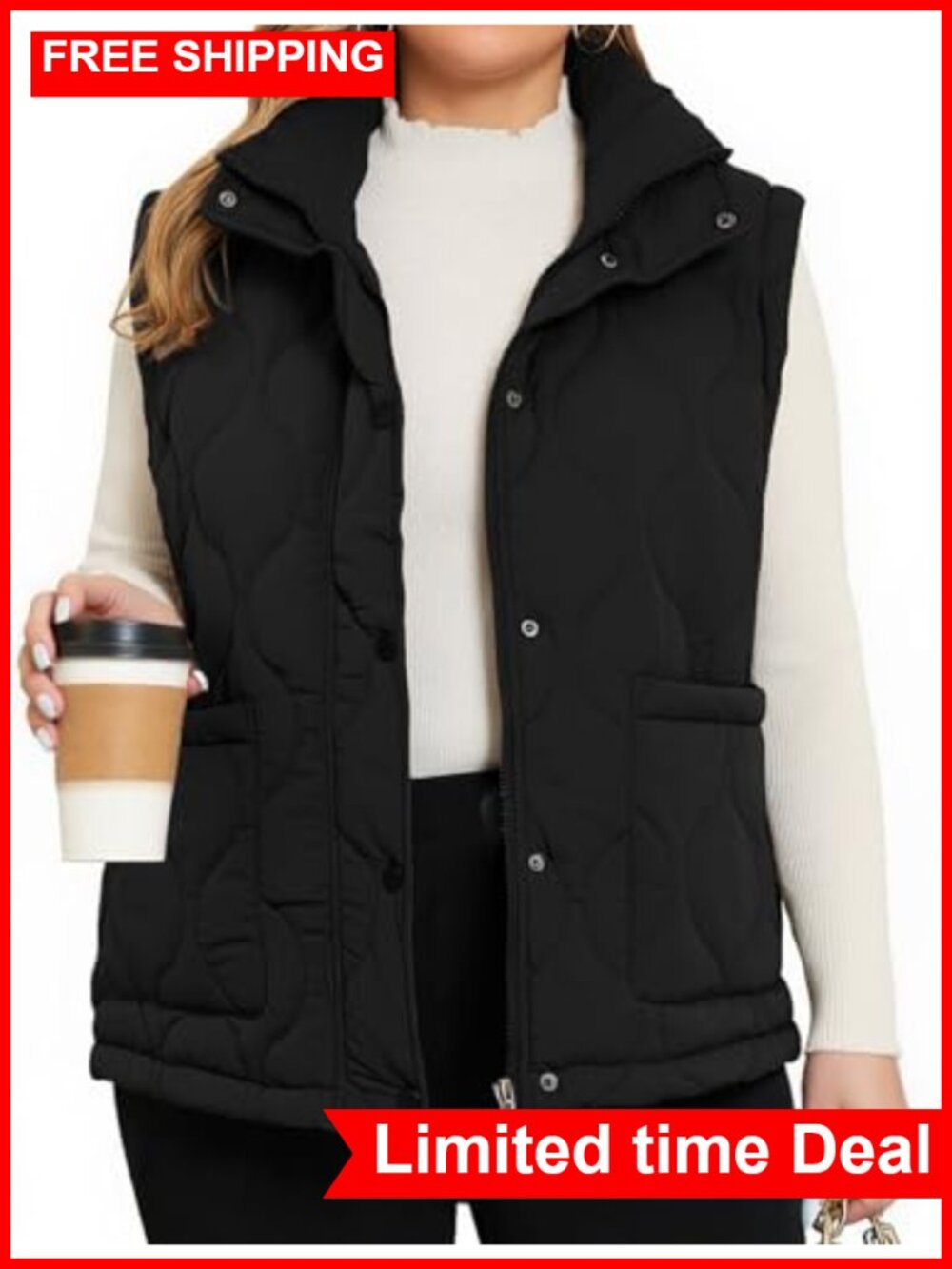 Plus Size Quilted Puffer Vest Sleeveless Zip Up Stand Collar Winter Outerwear